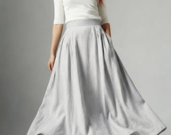 A Line Maxi skirt with pockets, Pleated Linen skirt, Linen skirt, High waist skirt, womens skirts, made to order, Summer spring skirts 1041#