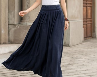 Pleated Long Maxi Linen skirt in blue, High waist pleated Swing skirt with pockets, Women summer spring full skirt 2847#