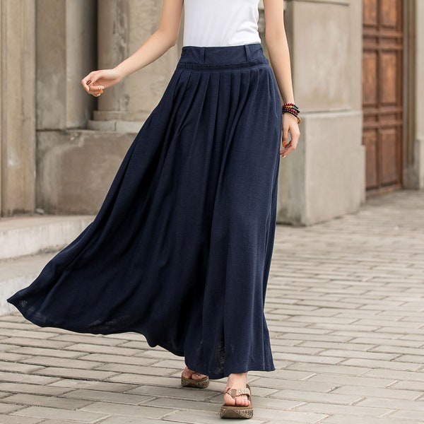 Pleated Long Maxi Linen skirt in blue, High waist pleated Swing skirt with pockets, Women summer spring full skirt 2847#