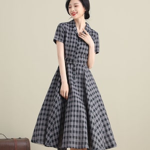 Black and gray Linen plaid dress, Swing shirtwaist dress, 1950s Retro Midi Dress Women, Fit and Flare Dress, Mod clothing, Xiaolizi 3279