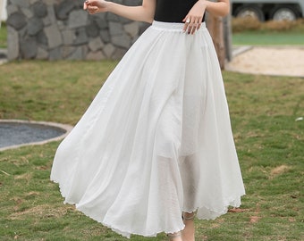 Beach Boho Cotton Skirts in white, Elastic Waist Pleated Maxi Skirts, Women Skirt, Long Cotton Skirt, Summer Solid Skirt Color White 2718