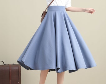 Linen Skirt Women, A Line Circle Skirt, High Waist Flared Skirt, Spring Summer Skirt with Pocket, Knee Length Pleat Skirt, Blue Skirt 3275#