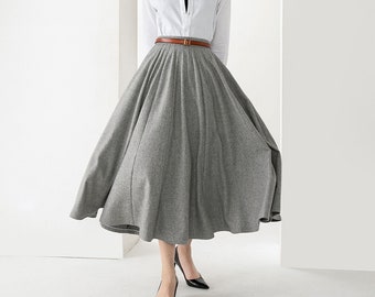 Gray Wool Skirt, Wool Midi Skirt, Wool Circle Skirt, Pleated Wool Skirt, High Waist Wool Skirt, Swing Skirt, Autumn Winter Custom Skirt 3832