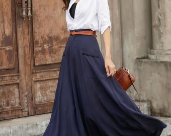 Long Swing Linen Maxi Skirt, A-line Linen Skirt, Navy Blue With