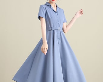 Vintage Inspired Blue Dress Women, Short Sleeve Shirtwaist Dress, Swing Dress, Belt Long Dress, Minimalist Dress, 50s Flowy Work Dress 3277