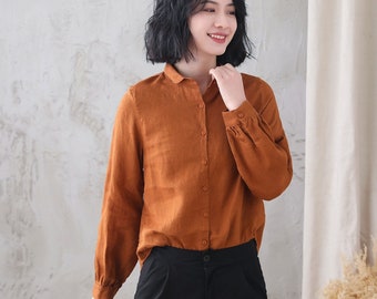 Chemise en lin orange, chemise en lin à manches longues, chemisier en lin, chemise en lin femme, chemise en lin boutonnée, chemise marron printemps, Xiaolizi 3343