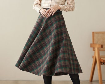 Midi Wool Plaid Skirt, Swing Wool Circle Skirt, Wool Plaid Skirt, Winter Wool Skirt, Long Skirt, High Waist wool Skirt, Handmade Skirt 4623#