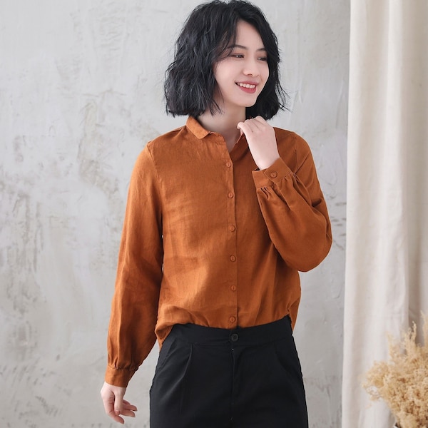 Orange Linen Shirt, Long Sleeve Linen Shirt, Linen Blouse, Women's Linen Shirt, Button Down Linen Shirt, Spring Brown Shirt, Xiaolizi 3343