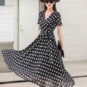 Black Polka Dot Chiffon Dress, Summer Woman Wrap Dress, Short Sleeve V ...