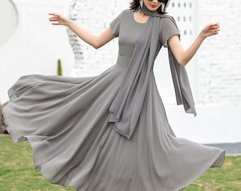 Vestido largo de gasa para mujer, vestido largo swing, vestido ajustado y acampanado, vestido maxi fluido, vestido de gasa bufanda gris, vestido hecho a mano 2720