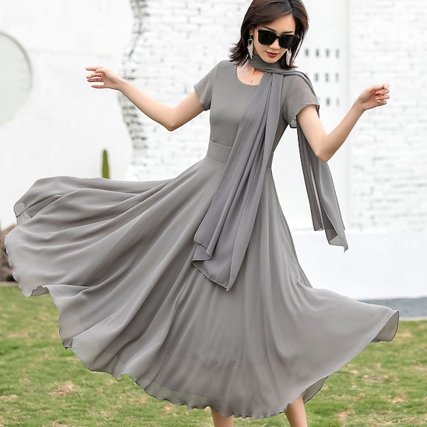 Langes Chiffon Kleid für Frauen, Langes Swing Kleid, Fit und Flare Kleid, Fließendes Maxi Kleid, Grauer Schal Chiffon Kleid, handgefertigtes Kleid 2720