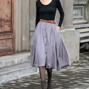 Linen Skirt, Grey Midi Linen Skirt, Button Front Linen Skirt, Pleated Swing Linen Skirt With Pockets, A-Line Skirt, Handmade Skirt 3847#