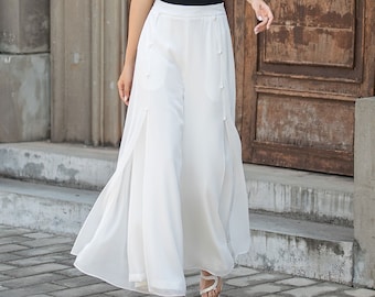 Long Chiffon Wide Leg Pants, White High Waist Split Chiffon Palazzo Pants, Plus size Chiffon Pants, Summer Office Ladies Chiffon Pants 3447