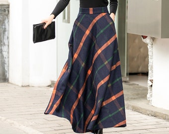 Vintage 1950s Blue plaid Wool maxi skirt, Long Winter wool skirt for women, A line wool skirt with pockets, Warm winter skirt 2838#