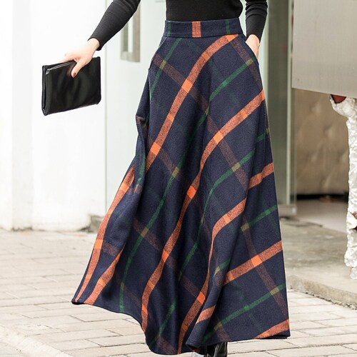 Vintage Woolen Plaid Long Skirt