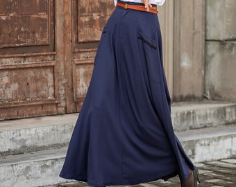 Long Swing Linen Maxi Skirt,  A-Line Linen Skirt, Navy Blue with Pockets, Custom Made Skirt, Full Skirt, Women Skirt 3852#