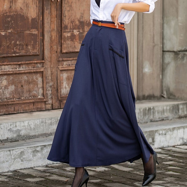 Long Swing Linen Maxi Skirt,  A-Line Linen Skirt, Navy Blue with Pockets, Custom Made Skirt, Full Skirt, Women Skirt 3852#