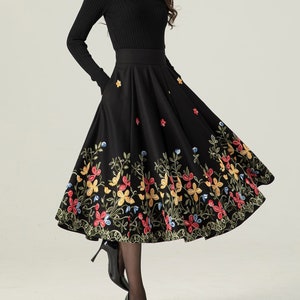 Midi wool skirt, Black embroidered skirt, Swing wool skirt, High waisted wool skirt, Womens wool skirt, Custom skirt, Xiaolizi 4665