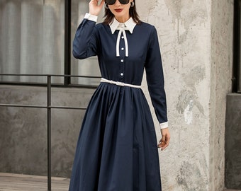 Button up Shirt Dress, Summer Fall Navy Formal Button Up Midi Dress, Fit & Flare Dress, Retro Collared Long Sleeve Dress, Xiaolizi 2845