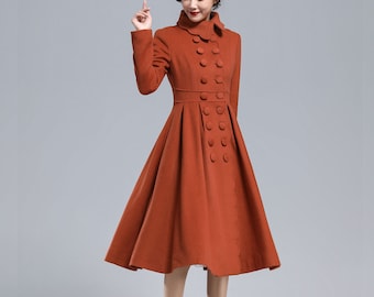 Vintage 1940s Wool Princess Coat, Winter Caramel Long Wool Coat, Double Breasted Swing Wool Dress Coat, Fit and Flare Coat, Xiaolizi 3164