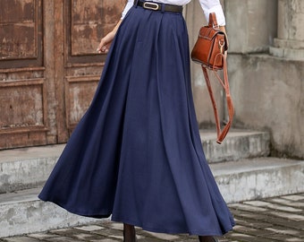 Linen Skirt, Maxi Skirt, A-Line Linen Skirt, Womens Linen Skirt, Long Linen skirt, Swing Skirt, Navy Blue Skirt, Spring Autumn Skirt 3850#