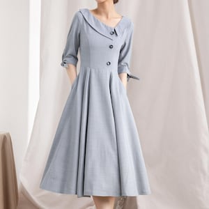 Gray Linen Cocktail Dress, Swing Midi Dress, Fit & Flare Dress, 50s Cotton Linen Dress Women, A Line Dress with Pocket, Wedding Dress K3274