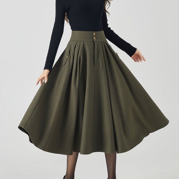 Midi Wool Skirt, Pleated Wool Skirt, Army Green Wool Skirt, Womens Swing Wool Skirt, Autumn Winter Wool Skirt, Custom Skirt, Xiaolizi 4530