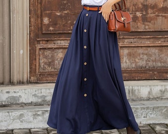 Linen Skirt, Long Skirt, Maxi Skirt, Navy Blue Skirt, A-Line Linen Skirt, Swing Skirt, Women Linen Skirt, High Waist Skirt, Xiaolizi 3851#