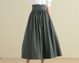 Green Linen skirt, Long linen skirt for women, pleated linen maxi skirt, High waist Swing skirt with pockets, Women's skirt Xiaolizi 2788#