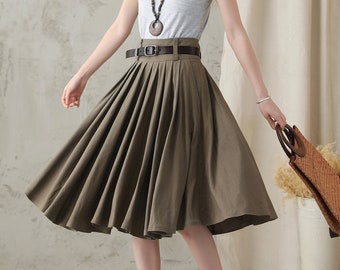 Linen Full Circle Skirt with Pockets, Pleated High Waist Skirt Women, Swing Midi Skirt, Summer Skater Skirt, Flared Knee Length Skirt 2817#