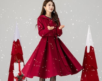 Red hooded wool coat, Long wool coat, Long sleeve wool coat, Winter coat women, Princess wool coat, Warm winter coat women, Xiaolizi 4615#