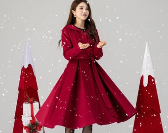 Red hooded wool coat, Long wool coat, Long sleeve wool coat, Winter coat women, Princess wool coat, Warm winter coat women, Xiaolizi 4615#