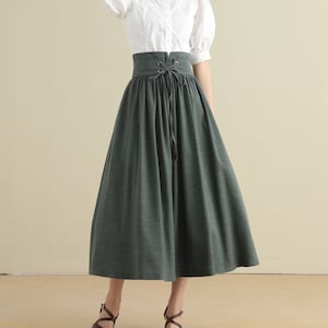 Green Linen skirt, Long linen skirt for women, pleated linen maxi skirt, High waist Swing skirt with pockets, Women&#39;s skirt Xiaolizi 2788#