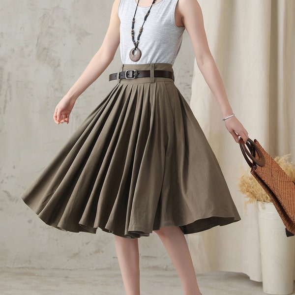 Linen Full Circle Skirt with Pockets, Pleated High Waist Skirt Women, Swing Midi Skirt, Summer Skater Skirt, Flared Knee Length Skirt 2817#