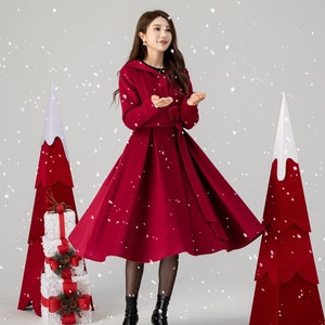 Red hooded long wool coat women 4615 Red hooded long wool coat women 4615