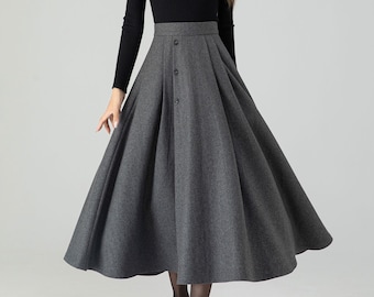 Gray Wool Midi Skirt, High Waist Button Front, Handmade, Xiaolizi 4557#