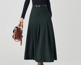 Midi Wool Skirt, Pleated Wool Skirt, Dark Green Skirt with Pockets, Womens Swing Skirt, Autumn Winter Skirt, Custom Skirt, Xiaolizi 4532