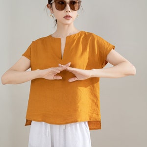 Yellow Linen Shirt, Womens Linen Top, Short Sleeve Casual Linen Blouse, Organic Linen Top, Plus Size Linen, Custom Shirt, Xaolizi 4207 Yellow