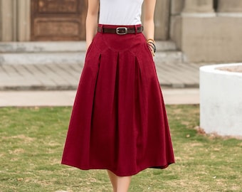 Red Linen Midi Skirt for Women, A Line Swing Skirt with pockets, Plus Size linen skirt, Summer Spring Skirt, Xiaolizi, Handmade Skirt 2848#