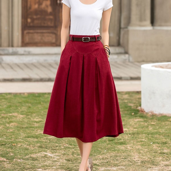 Red Linen Midi Skirt for Women, A Line Swing Skirt with pockets, Plus Size linen skirt, Summer Spring Skirt, Xiaolizi, Handmade Skirt 2848#