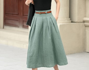 Linen skirt, Midi linen skirt, Green linen skirt, Pleated linen skirt, Long womens linen skirt,  Summer skirt, Custom skirt, Xiaolizi 4958