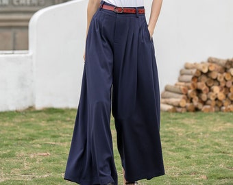 Women's Pleated High Waisted Wide Leg Pants, Belted Palazzo