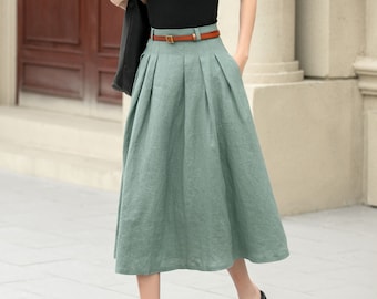 Linen skirt, Midi linen skirt, Green linen skirt, Pleated linen skirt, Long womens linen skirt,  Summer skirt, Custom skirt, Xiaolizi 4958