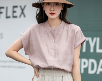 Short Sleeve Pink Linen Shirt, Linen Shirt Women, Causal linen blouse, Button Down Linen Shirt, Soft Linen Tops, Spring Shirt, Xiaolizi 4274