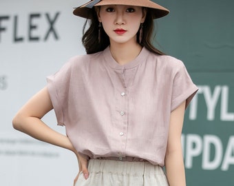 Kurzarm Rosa Leinenhemd, Leinenhemd Frauen, Leinenbluse, Button Down Leinenhemd, Weiches Leinenoberteil, Frühlingshemd, Xiaolizi 4274