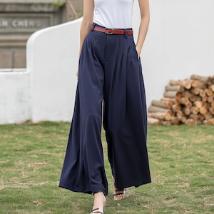 Women&#39;s Pleated High Waisted Wide Leg Pants, Belted Palazzo Trousers, Blue Loose Wide-Legs Long Linen Pants, womens pants, Xiaolizi 2534#
