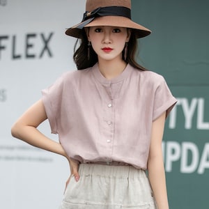 Short Sleeve Pink Linen Shirt, Linen Shirt Women, Causal linen blouse, Button Down Linen Shirt, Soft Linen Tops, Spring Shirt, Xiaolizi 4274
