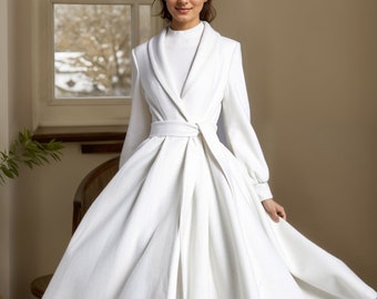 White Wool Coat, Winter Wedding Dress coat, Wedding Wool Coat, Wool Bridal Coat, Wool Wrap Princess Coat, Belted Wool Coat Women 3880#