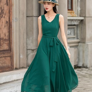 Green Chiffon Dress, Boho Beach chiffon Midi Dress, V Neck Sleeveless Long Summer Dress, Simple Wedding Dress, Belted Swing Dress 3017#