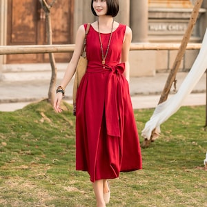 Summer Linen Dress, Sleeveless Dress, Loose Waist Dress with Belt, Side Pockets Crew Date/Beach/Picnic Dress for Women, Pleated Dress 2802 image 1